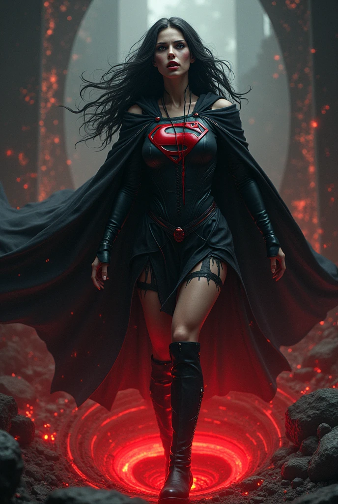 HYPER REALISTIC. A GOTHIC FEMALE WITH LONG BLACK HAIR, RED VAMPIRE EYES, LONG VAMPIRE FANGS SHOWING, WEARING A BLACK MAGE COSTUME AND CAPE, GOTHIC BOOTS, AND A BLEEDING "Superman" EMBLEM ON HER CHEST. STRUGGLING TO KEEP FROM RAGING OUT AND BECOMING MASSIVELY MUSCULAR AS A GIANT SWIRLING 3D RIFT OPENS BENEATH HER FEET. BLACK ACRANE BACKGROUND. HUGE BULGING MUSCLES FORM AS THE ENERGY BURSTS THROUGH HER.