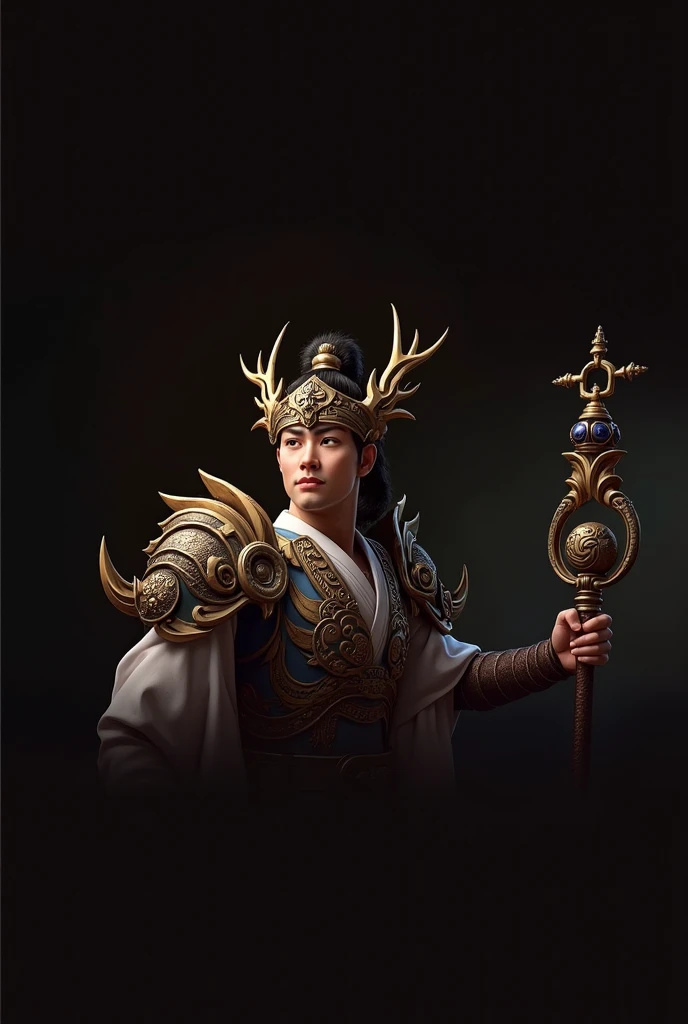 (Black Myth Wukong), (Black Myth Wukong) in ornate armor strikes a funny pose while leaning on his ornate mystical staff, enemy dragon army camp (bandits in dragon armor)
