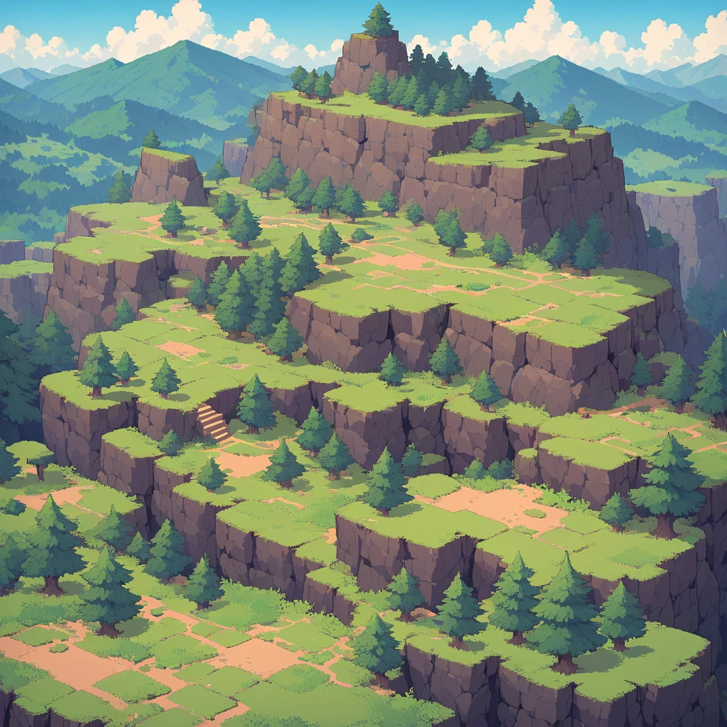 Retro video game style, pixelated, vibrant colors, 8-bit characters, blocky shapes, sharp lines, detailed shading, classic gaming vibe, nostalgic atmosphere, classic arcade games. Masterpiece:1.2, ultra-detailed, illustration style. 2D texture, stone texture, 4K seamless mud texture, video game texture, dirt texture. Game tiles, grass, 3/4th perspective trees, 3/4th perspective tileable rock texture, 3/4th perspective tileable cliff formations, tileable trees, top-down view, tileable texture. Very detailed cliff texture, intricate stones.

Mountain Terrain: Diverse mountain shapes and elevations, including peaks, ridges, and valleys.

Texture Detail: High resolution with intricate details like rocky surfaces, crags, and natural erosion patterns.

Seamless Pattern: Ensure that the edges of the tile seamlessly align with adjacent tiles to create a continuous and coherent mountain range when repeated