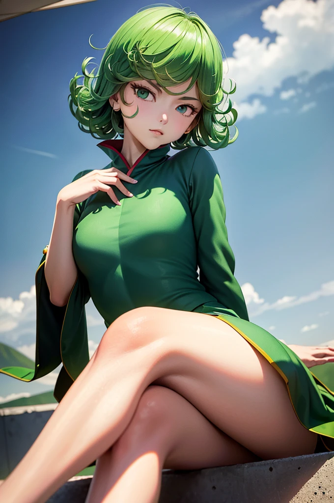 (masterpiece, best quality:1.2), solo, 1girl, tatsumaki, unamused, closed mouth, looking at viewer, hand on our face, sitting, She wore Dunhuang flying clothes,crossing leg
