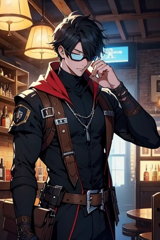 score up_9,score up_8,score up_7,source_アニメ,best quality,super fine illustration,super detailed,8k,Adventurer,black mantle,cool,fantasy,holding_lightsaver,BREAK eye mask,BREAK in the bar,detailed background,