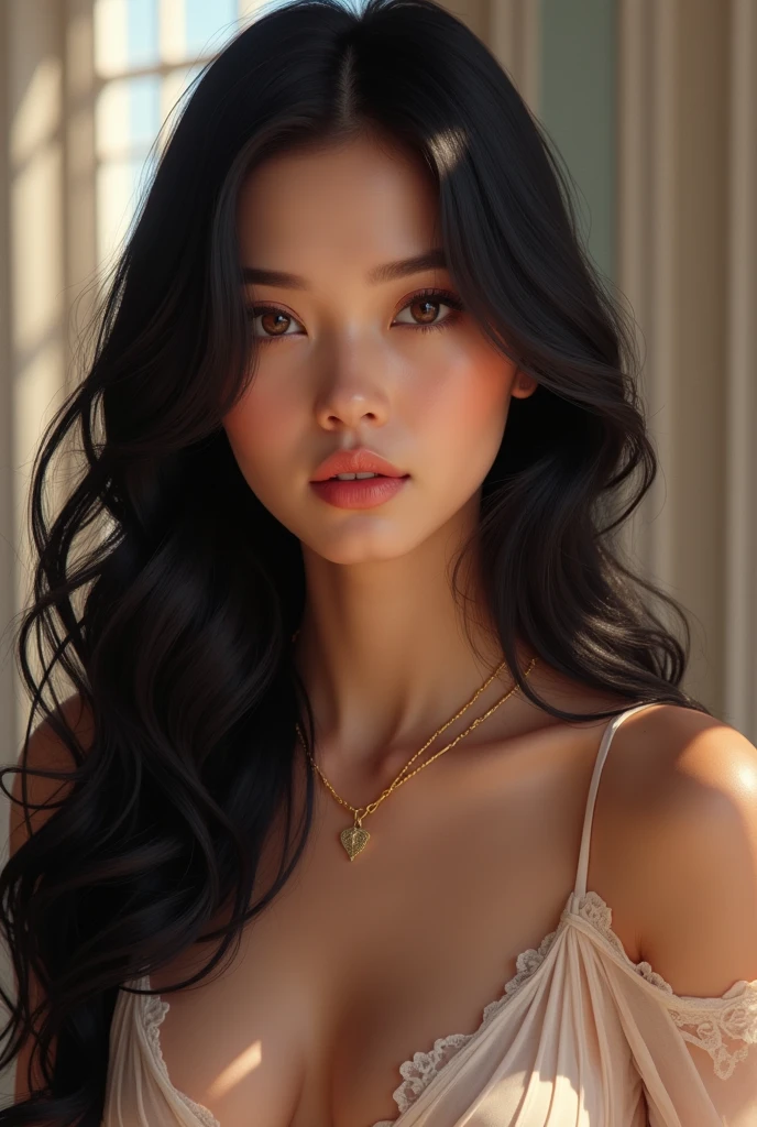 a beautiful woman, plump, long flowing black hair, brown eyes, small neck, glossy lips, full body, random pose, random location, random outfit, detailed face, detailed eyes, detailed lips, 1girl, intricate details, exquisite details, masterpiece, photorealistic, hyperrealistic, 8k, high resolution, studio lighting, vibrant colors, vivid colors, beautiful scenery, dreamy atmosphere, elegant, graceful