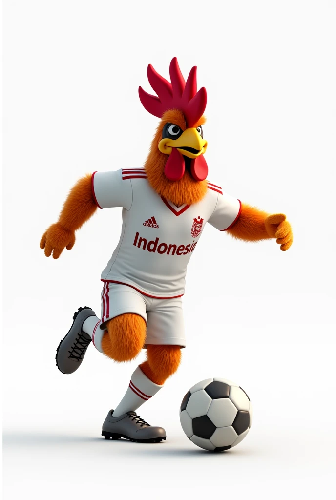 3D, the rooster mascot wears a white shirt and soccer shoes, while dribbling the ball, on the shirt it says "INDONESIA" white background, realistic