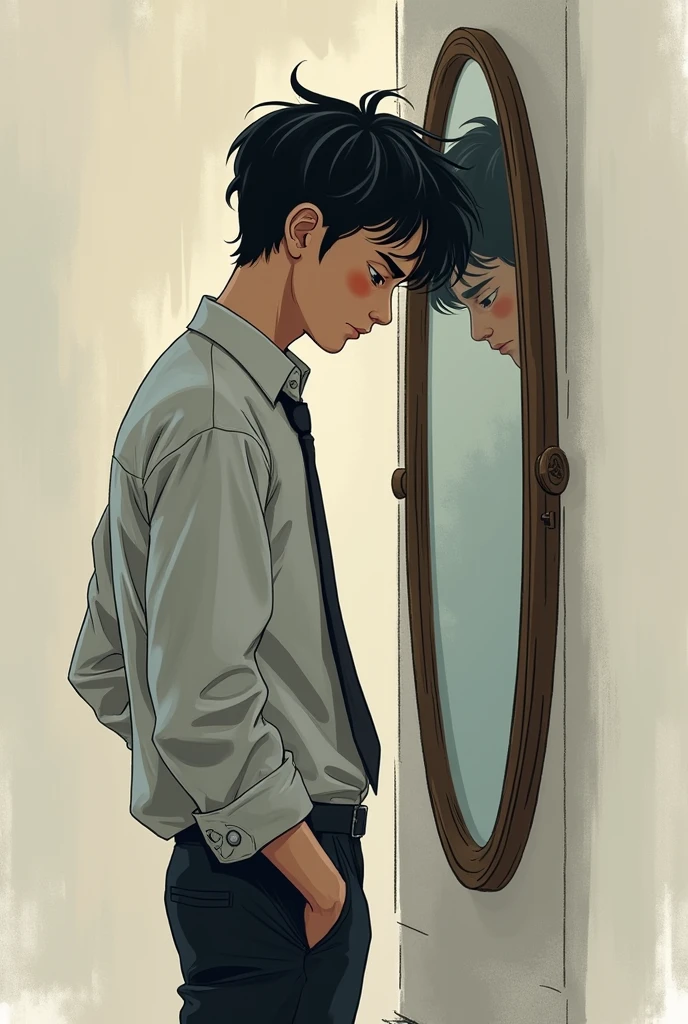 A young and mature (male)person with formals shirts looking himself in the mirror with deep sadness because he is realizing he is not good enough. And the image should be look as a sketch.And the face of the boy should look like a cartoon