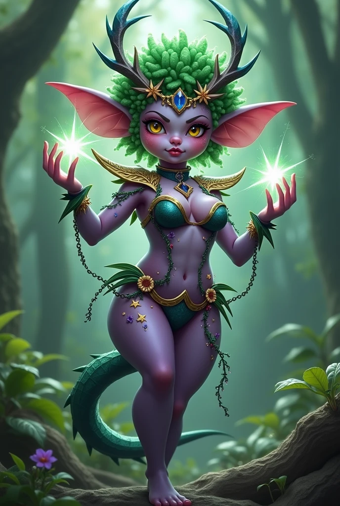 Prismatic coloration. Jungle like environment. A short young Gremlin like Plant woman with a Deep purple skin tone lit up with heavy miniscule starlike freckles, a verdant green blush & a set of B-cup breast bearing curvaceous hips, Slender Legs, & a round but small ass. She has short leaf green curly hair stopping at the top of her neck with various flowers growing within. She is wearing a revealing Bikini like armor exposing much of her chest area with Golden celestial designs & an otherworldly Tiara on her head. She has a serious face & a stern gaze in her sharp Starlike Golden Glowing eyes with black sclera & a heavy freckled form. She has long transparent Crystal like Blue antlers radiating Floral energy & a set of elegant Elven ears. She has long Ruby red vine like tattoos running all around her body accompanied by violet Star-like Tattoos running along them. She has a small cute nose. She has large Crystal Golden Fairy-like wings with a starlike pattern & a long dragon-like arrow-tipped tail .She is seen in a battle stance summoning verdant green Starlight magic from her fingertips