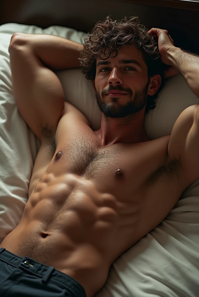 Hot sexy muscular shirtless man laying down on bed with legs spread wearing nothing fully naked with big dick, curly hair, fully naked and ,very muscular, with sideburns,, one hand above his head and armpit hair is visible, cute looking and hot at the same time, smiling, very hairy 