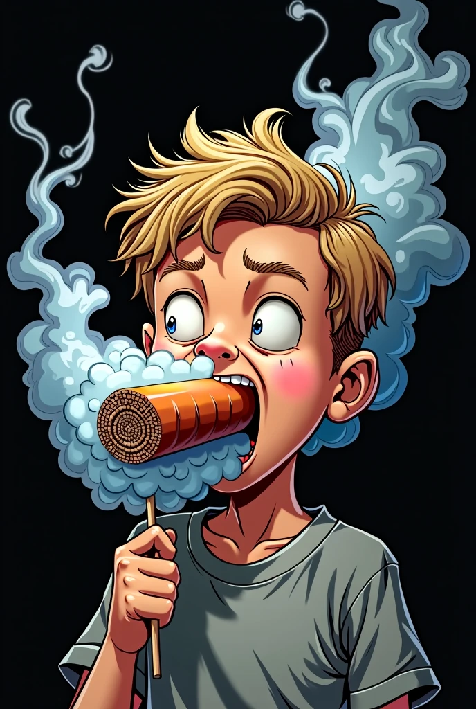male、Around 4。
1.Eating a 5cm cigar-shaped candy、Lots of dry ice smoke coming out of my mouth
American comic book style
Black background