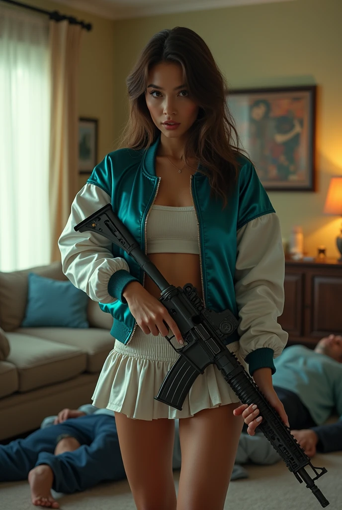 wide depth of field, wide depth of focus, f/11 lens setting, all objects in focus, full color image, woman with ar15, holding at15 rifle, living room background, full body image, (dark turquoise and white short cropped soft shiny satin bomber jacket), zipped up jacket, pleated shiny satin mini skirt, woman posing with am ar15 rifle,,pistol in one hand, pure form, intricate details, 8K post-production, high resolution, super detailed, Popular topics on Artstation,, Studio photos, intricate details, Very detailed, huge pile of defeated men lay on unconscious with closed eyes on the floor in the background