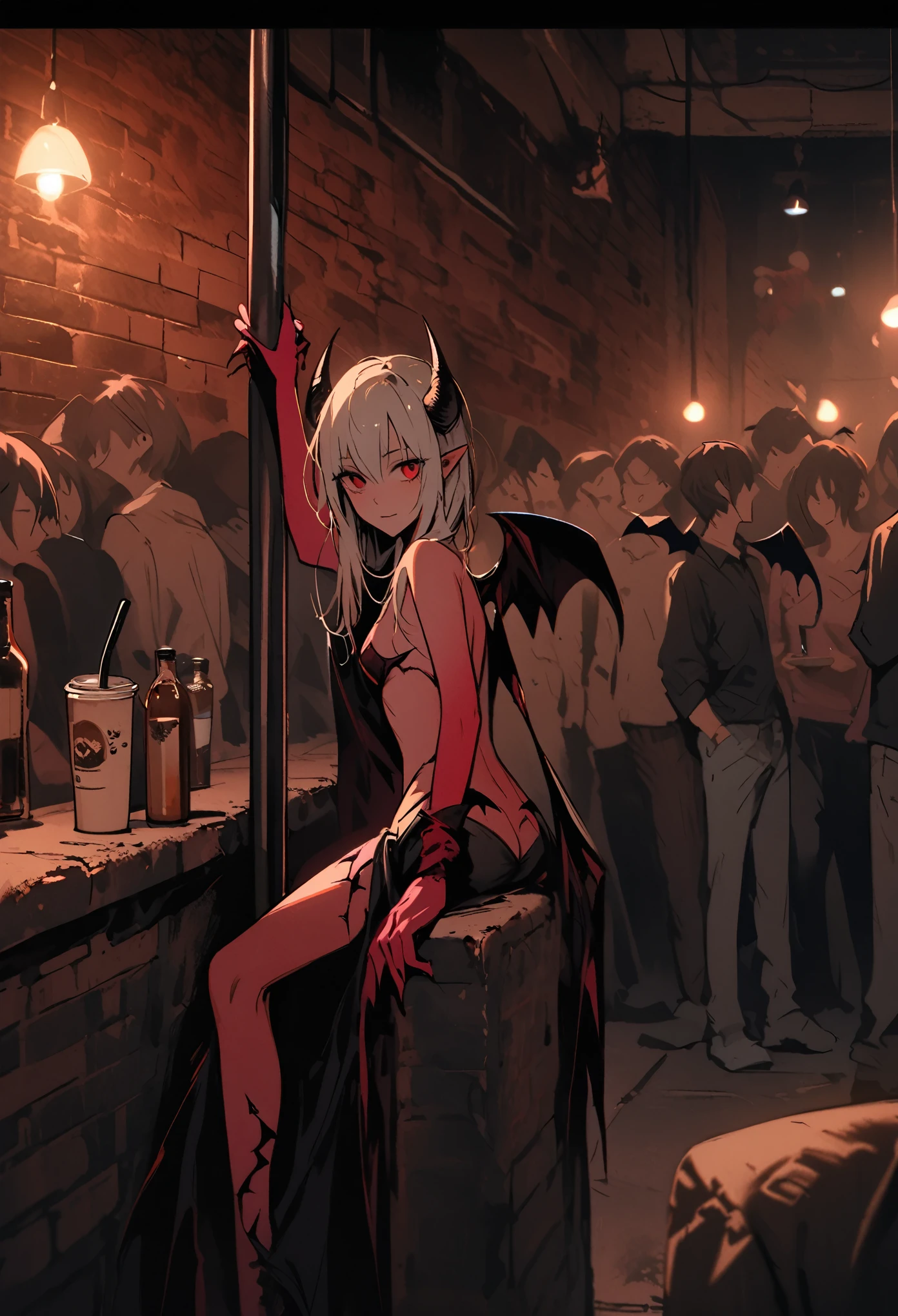 female, succubus, demon wings, demon horns, intimate atmosphere, friendly atmosphere, bar, pole dancing, crowd, grungy, drinks and coffee, brick walls, sofa, quiet conversation, , close up