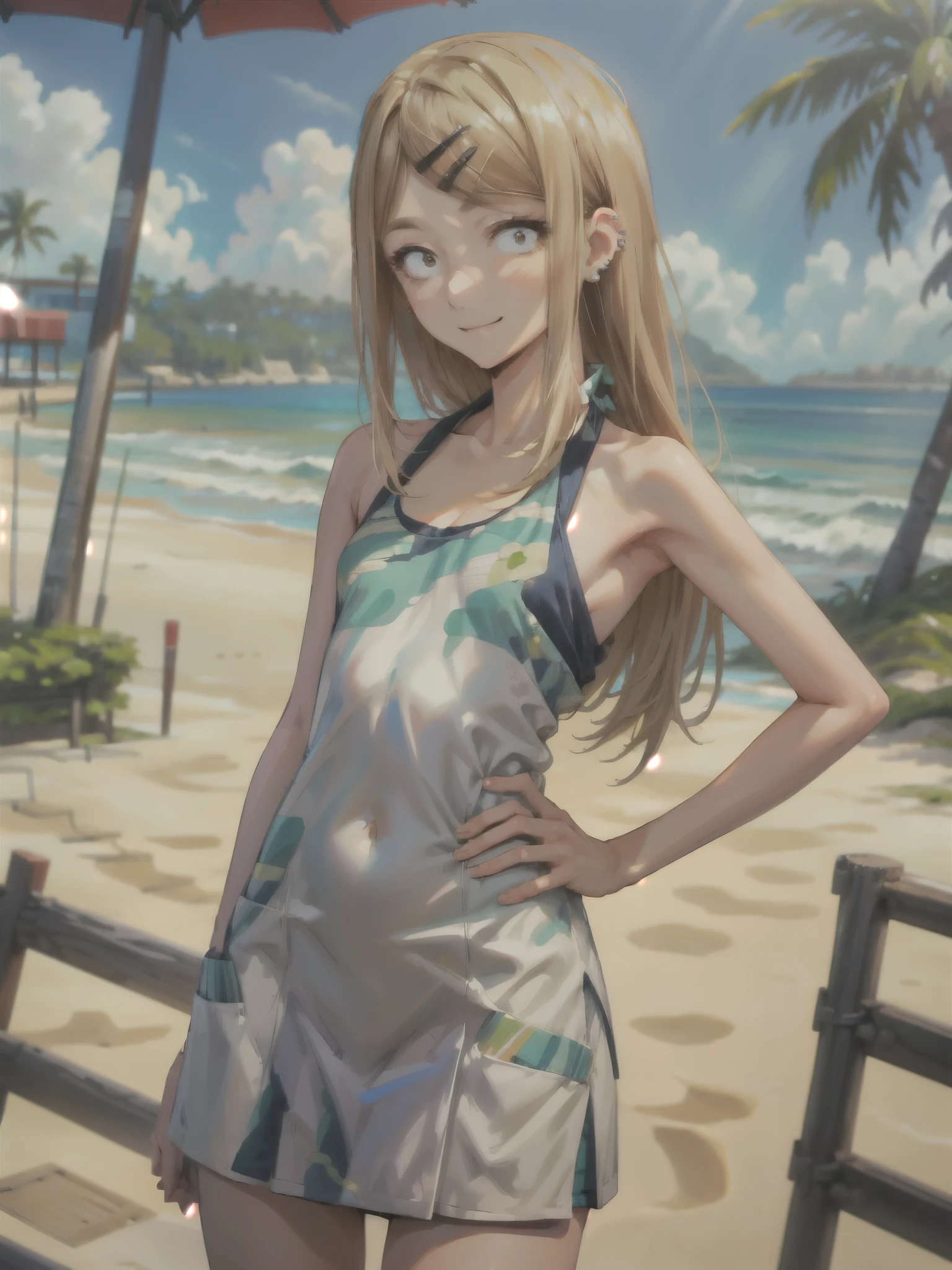 8k, Highly Detailed, Masterpiece, source_anime, best quality, clear face, highres, ultra-detailed, aasaya, sanpaku, long hair, parted bangs,hairclip, ear piercing, small breasts, smile, solo, beach, bikini, beach towel, open nature, open rear view, only 1 piercing in the ear