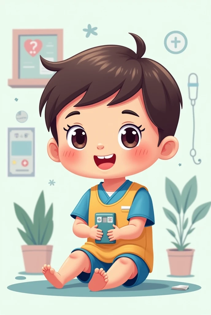 I want an image that portrays: • Take vital signs from a modern and vector-based child, with smooth, clean lines, and vibrant colors. Cartoonish but realistic. Color: Using a palette of bright and contrasting colors that are pleasant and eye-catching. FORMAT: Illustrations arranged in a book or manual style. This illustration is intended for a guidance and training manual, so it must be clear, accessible and visually appealing."
