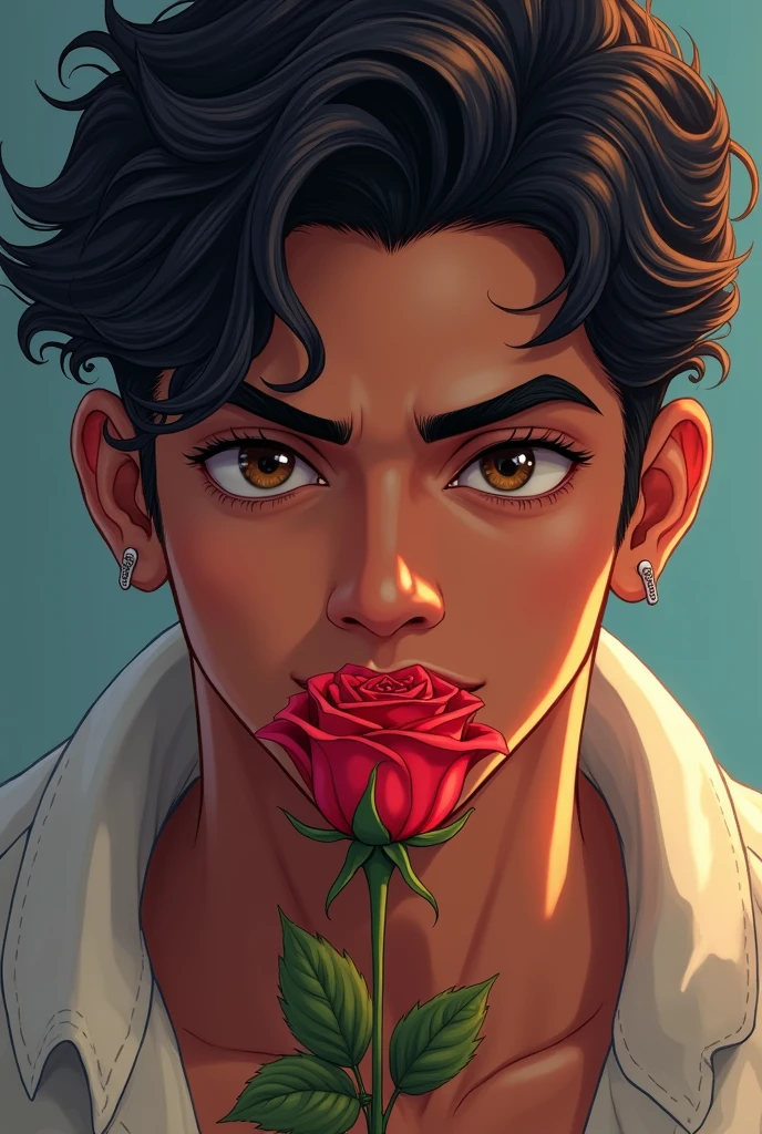 Cute attractive anime indian boy with a rose in his mouth, very attractive with a very masculine and manly jaw