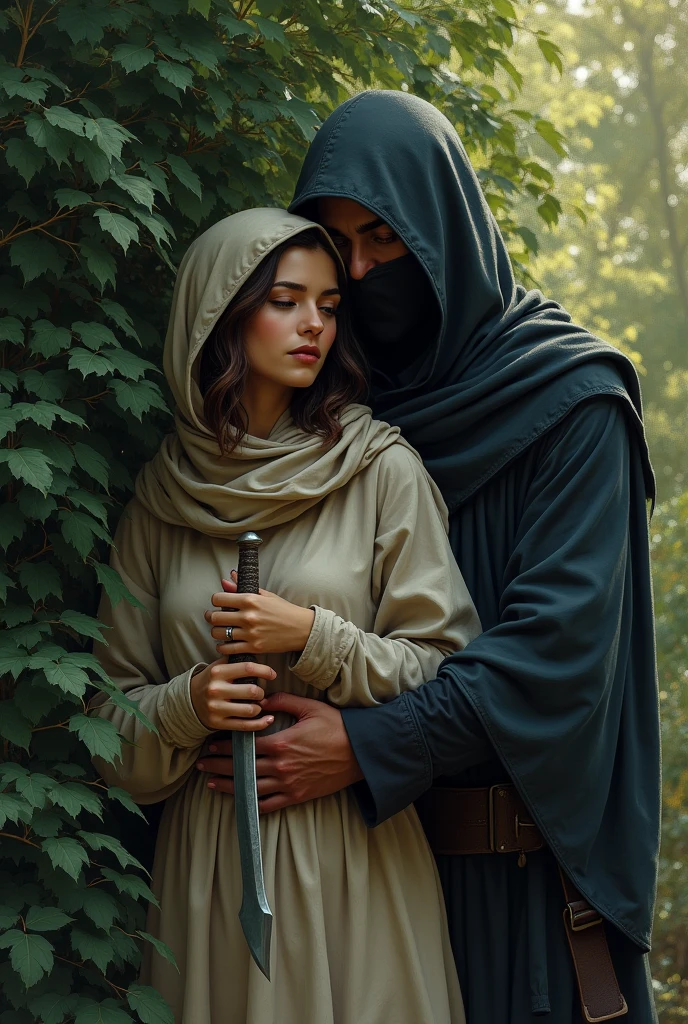 romantasy fanart. Lady in a tunic with a scarf on head- brunette, holding her small blade in hand. a man holding her while facing her as if they are hiding from someone, they are behind the bushes, silent. the man is wearing a cape and hood like scarf, hiding his visage as if a shadow. He's a being barely visible to a naked eye
