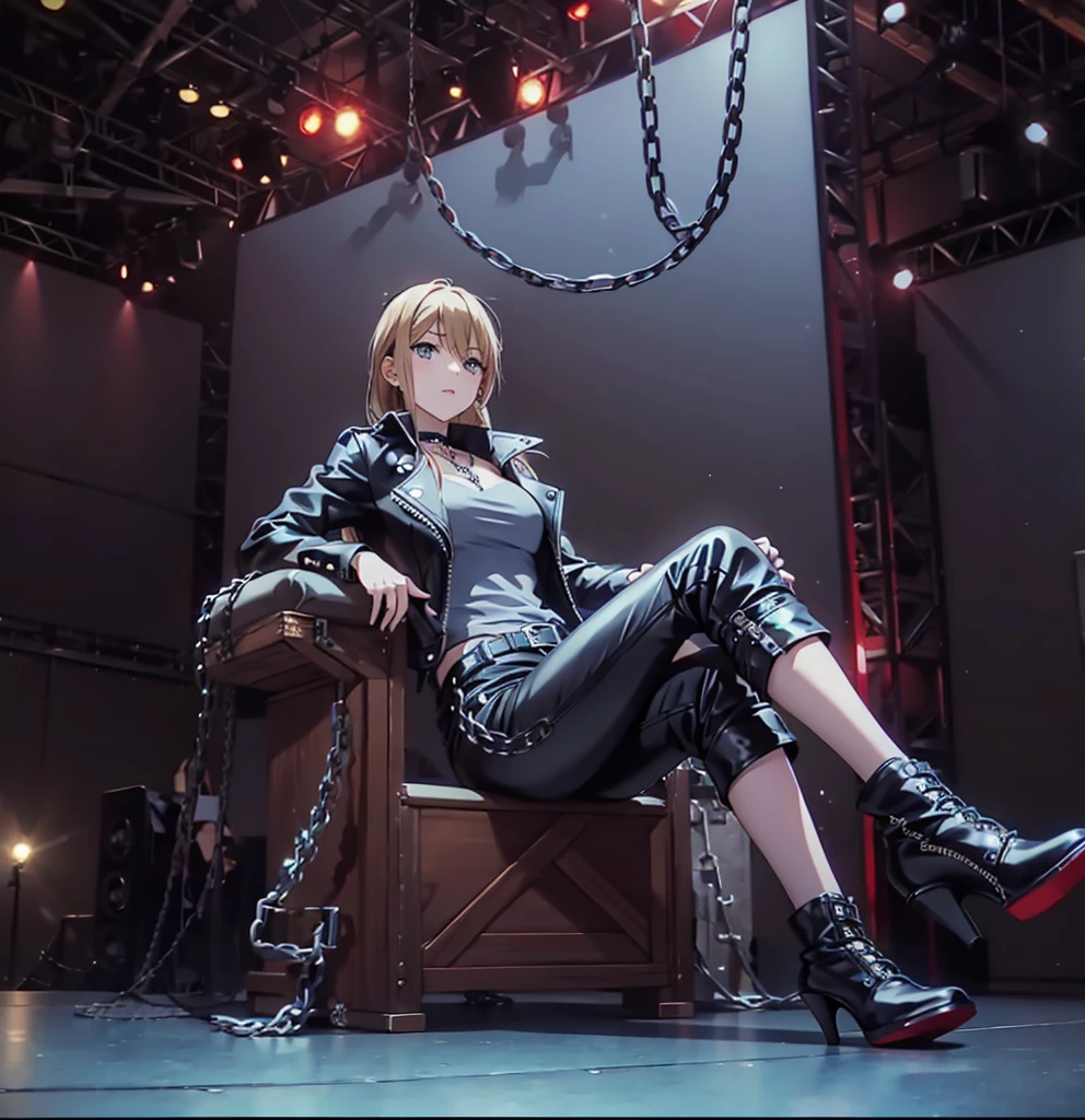 marin, marin kitagawa, rocker woman, punk rock style clothing, high heel boots, leather pants, leather jacket, gray shirt, on a stage, chains around, chains hanging from the stage, sitting on the throne, sitting cross-legged, legs crossed, night, lights, spotlights, fireworks