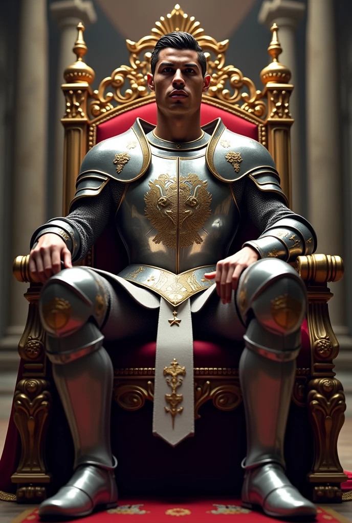 Create an image of Cristiano Ronaldo in knight's outfit. He is sitting on a throne