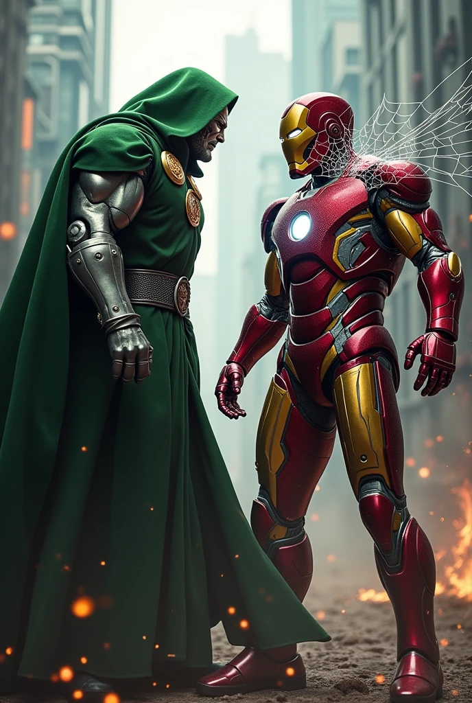 Doctor doom fight with iron-man  doctor doom has a iron-man shot covered by spiderweb 