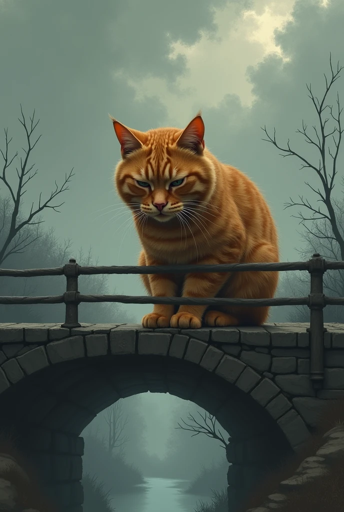 Sad orange cat almost jumping off bridge (illustration)