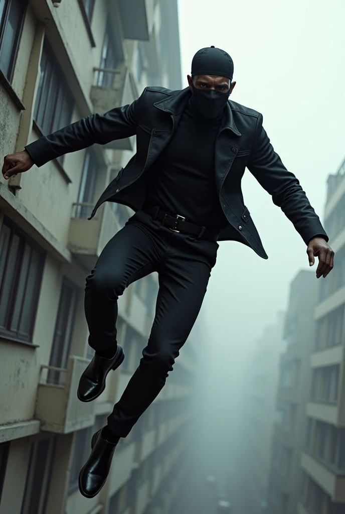 Tall, black-skinned man, wearing black surgical mask, Black cap, Black jacke, black pants and black boots, Skipping a building 