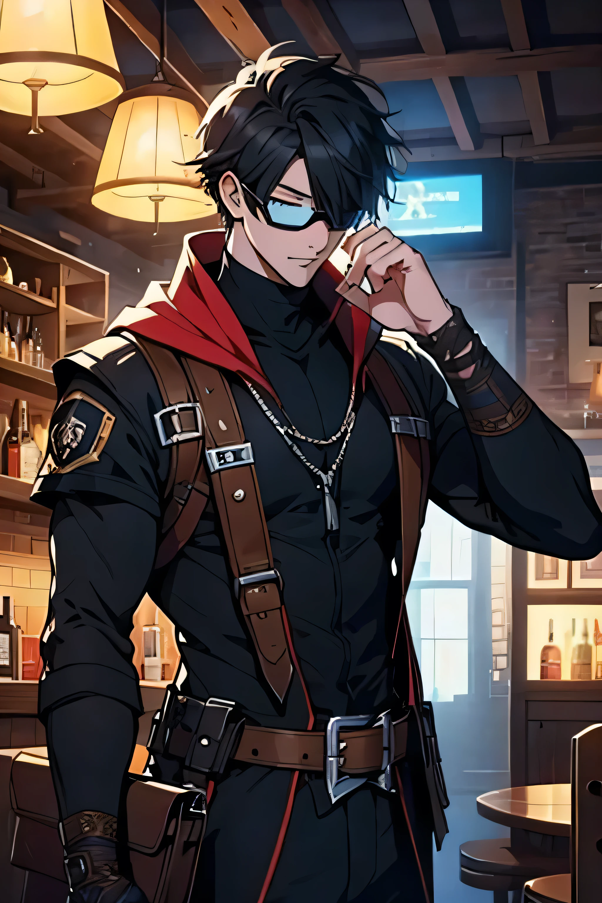 score up_9,score up_8,score up_7,source_アニメ,best quality,super fine illustration,super detailed,8k,Adventurer,black mantle,cool,fantasy,holding_lightsaver,BREAK eye mask,BREAK in the bar,detailed background,
