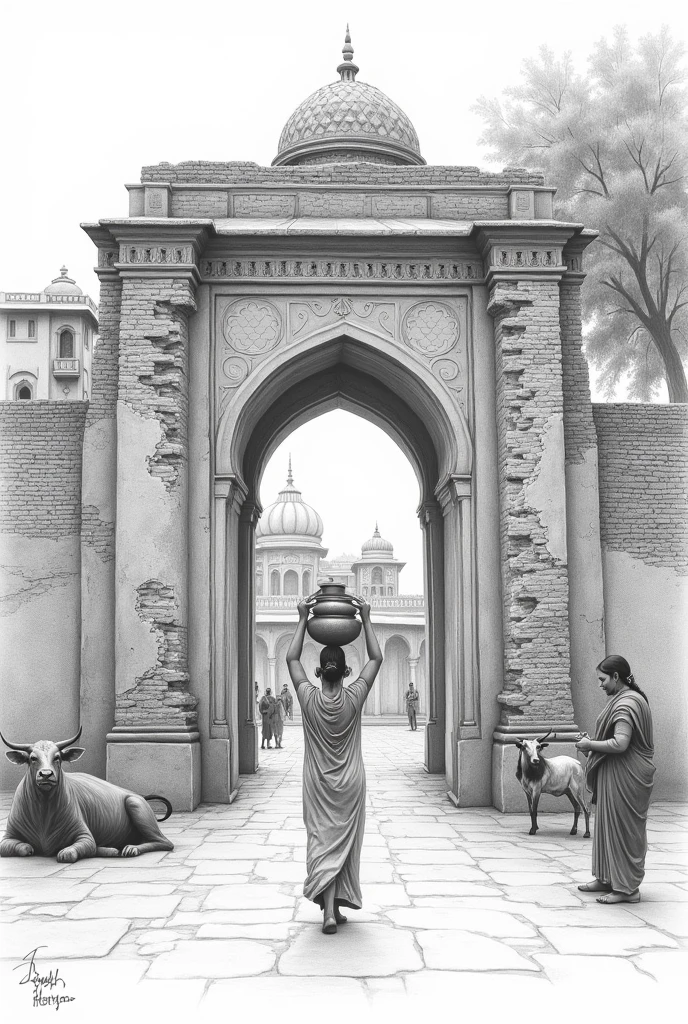 Pencil format image for haryana ,showing a lady with pots on her head going  through a gate, we are able see her back ,gate is related to haryana architectural style and little bit damaged , damaged portion also shows exposed and rugged bricks used in old construction techniques of haryana, gate is very high almost double height arched gate, through gate we are able to see a ox sitting on ground far from gate and also a standing buffalo, behind animals far away a old haveli facade with haryana architectural style , nearby walls of gate is low in comparison to gate and also damaged as same as gate , show all in low scale ,now outside at one corner of gate a there is a tree and downside of tree haryana people are sitting ,talking and had huka , another side of street where on some ladies are sitting and making mukhan with smile and laughing while talking to each other