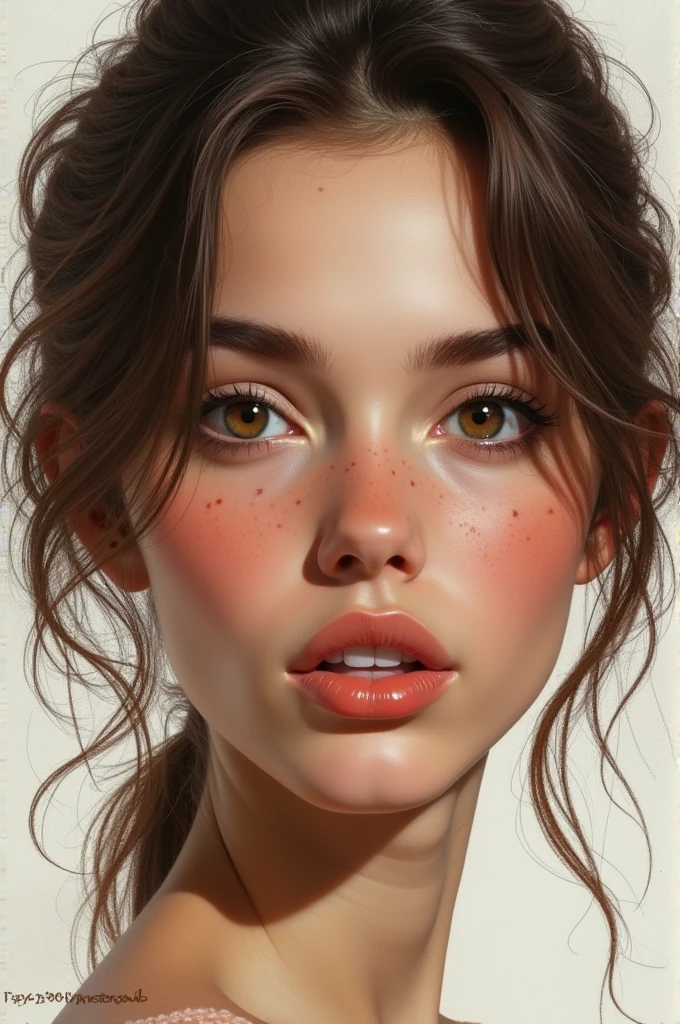Un portrait réaliste d’une jeune fille brune aux cheveux lisses et brillants,avec la peau claire, des yeux couleur chocolats et des cernes
