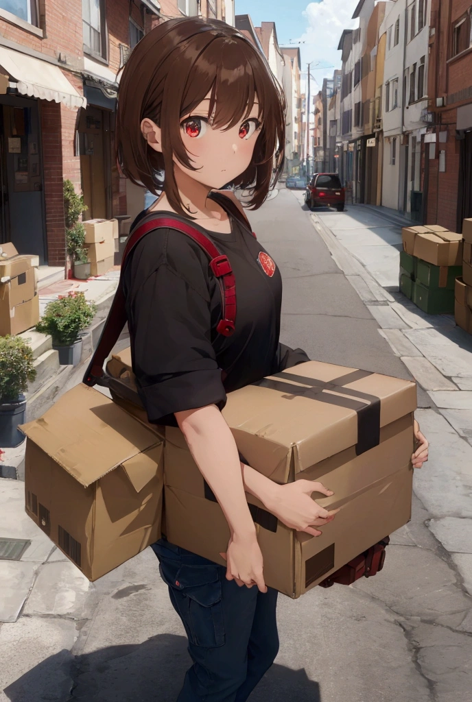 Light cargo,One person, masterpiece, Shortcuts, Brown Hair, Red eyes,  Wide-angle shot, Delivery Person,Baggage,Cardboard,Light van