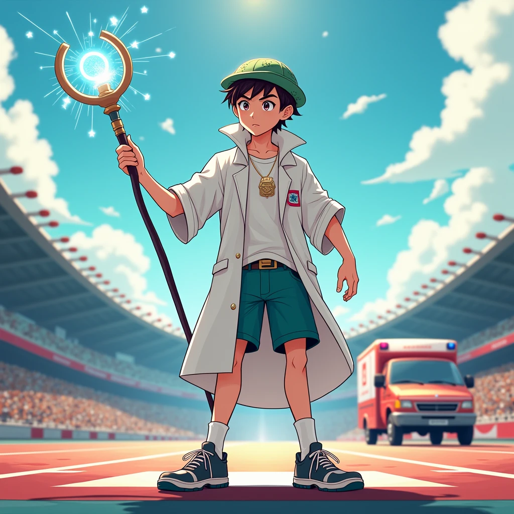 a young man in an astrologer's cap with a magic staff, in shorts and a medical gown stands at the finish line next to an ambulance in anime style