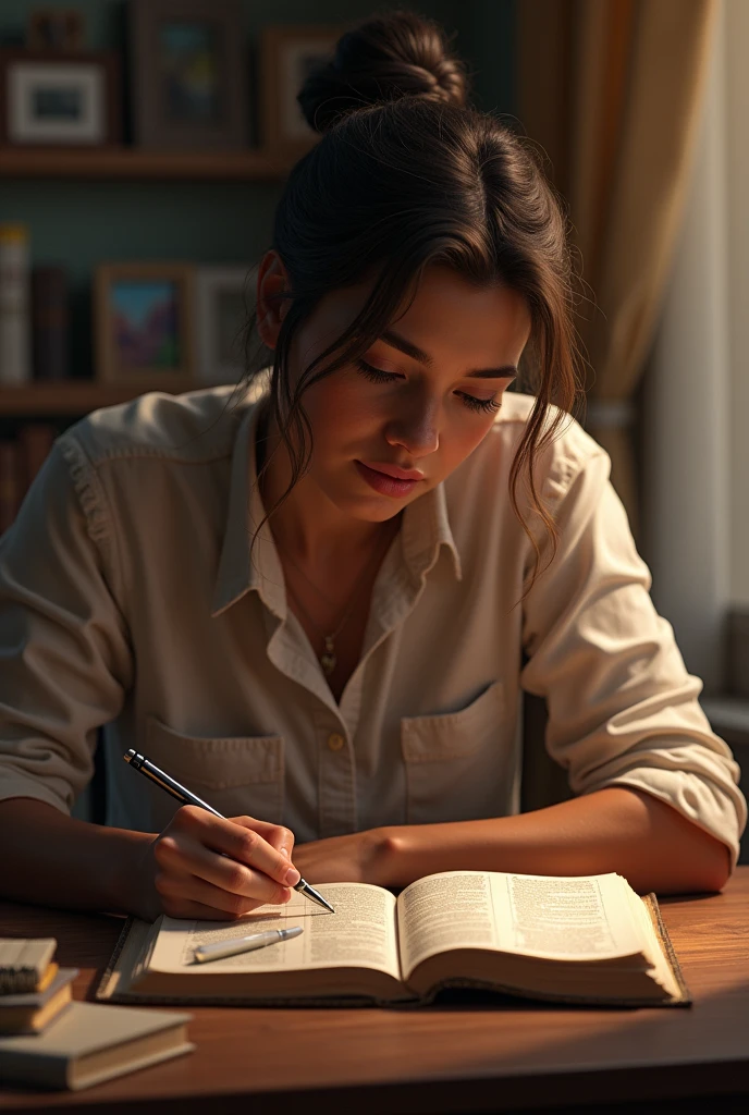 "Create a realistic image of a person studying the Bible. Show the individual seated at a desk or table in a quiet, focused setting, such as a study room or a peaceful corner of a home. The person should be depicted with a contemplative expression, intently reading or annotating the Bible. Surround the scene with study materials, like notebooks, pens, or highlighters, to emphasize the seriousness of their study. The Bible should be open and prominently displayed, with visible text and possibly highlighted passages. Use warm, soft lighting to create a tranquil and studious atmosphere, enhancing the sense of dedication and reverence for the study of scripture."
























