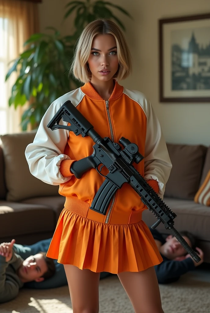 wide depth of field, wide depth of focus, f/11 lens setting, all objects in focus, full color image, woman with ar15, holding at15 rifle, living room background, full body image, (orange and white short cropped soft shiny satin bomber jacket), zipped up jacket, pleated shiny satin mini skirt, woman posing with am ar15 rifle,,pistol in one hand, pure form, intricate details, 8K post-production, high resolution, super detailed, Popular topics on Artstation,, Studio photos, intricate details, Very detailed, huge pile of defeated men lay on unconscious with closed eyes on the floor in the background