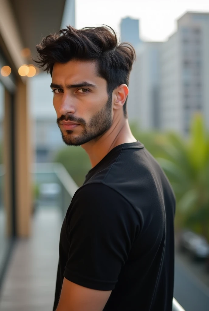Handsome white Indian guy with dark short hair, a bit wider face, brown eyes, slightly shorter hair, and wider cheeks. He has a one-day beard and a line shaved into his right eyebrow. Wearing a perfectly fitting black t-shirt, he’s looking back at the camera with a Korean glass skin finish. Captured on an outdoor terrace, with a stylish and relaxed pose, surrounded by a chic, urban backdrop and natural lighting.