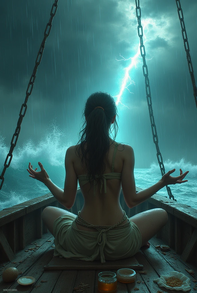 I would like an image that is about a woman healing her wounds on a boat that is in a storm but dry from the light 
