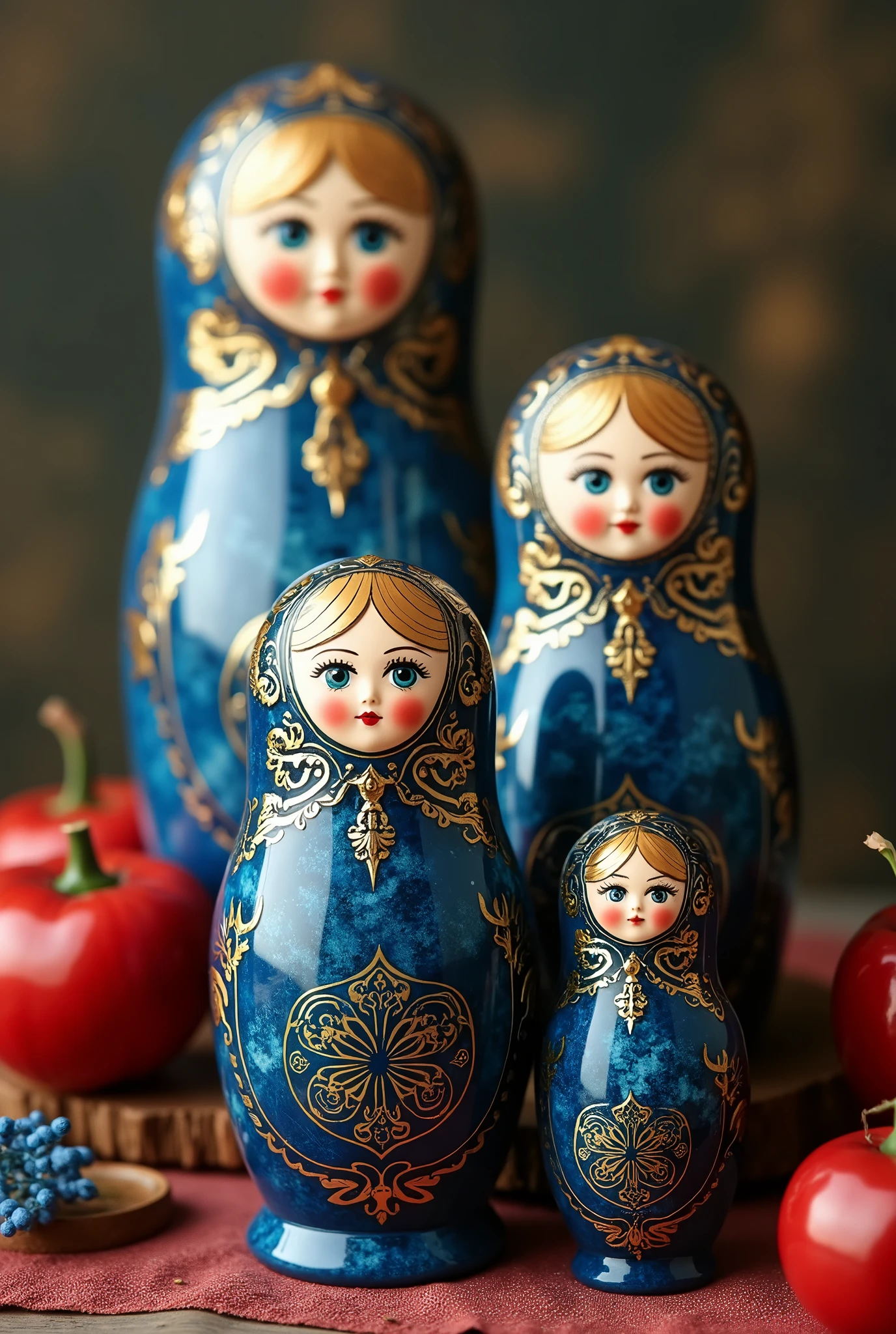 A true treasure of Russia. Prestige Russian Matryoshka Doll Set in Blue Marble and Gold Inlaid. high quality. Details impressionnant. Typical Russian background. (Details). Breathtaking. Treasures.