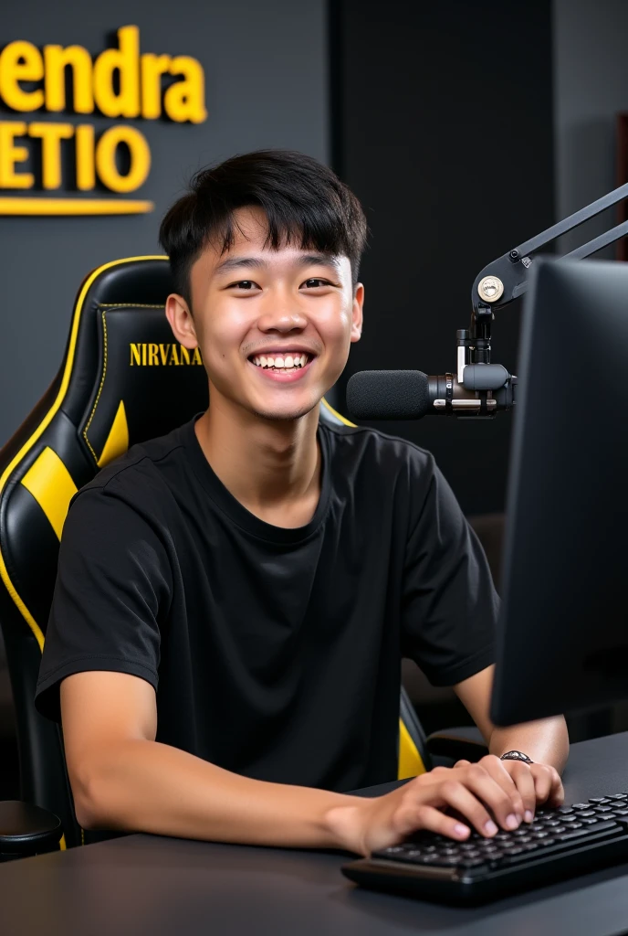 Photo young man Indonesian man sitting on a black gaming chair with yellow accents. He was w black Nirvana t-shirt. In front of him was a table with a mic stand and the mic settings were adjusted in front of his face. Behind it is a black and gray wall with the text "RENDRA SETIO" written in a bold and attractive font. The man smiled. professional studio atmosphere.
