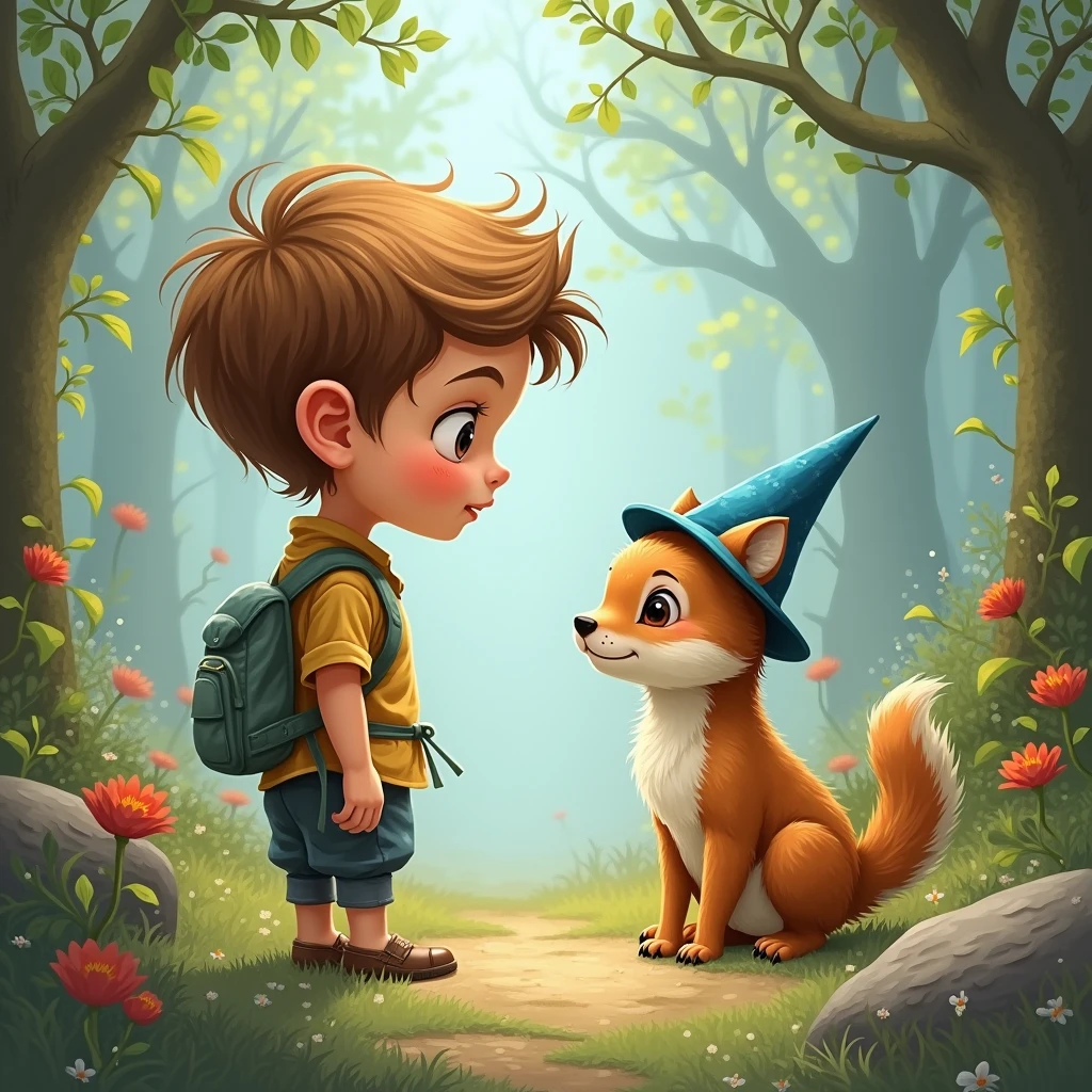 or  (( boy)) looking at a small (( animal))、who wears a small blue hat. Fantasy Creation Illustration. tamanho: 9 by 16