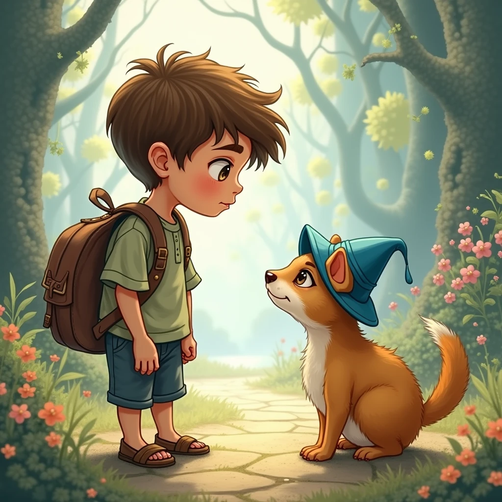 or  (( boy)) looking at a small (( animal))、who wears a small blue hat. Fantasy Creation Illustration. tamanho: 9 by 16
