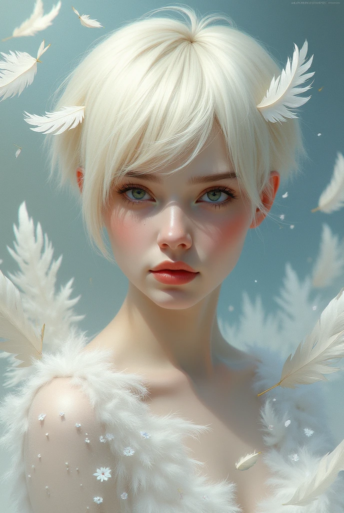 painting of a woman with a white short haircut, feathers in her hair, against a background of flying fluff and feathers, winner of the cgsociety competition, fantasy art, watercolor, beautiful portrait of a blonde girl in feathers dreamy background of fluff and feathers, sadness - sadness, beautiful art UHD 4K, artgerm and Lois van Baarle, hair with feathers, high detailing), works by Greg Rutkowski UHD, Tom Bagshaw style, Magali Villeneuve and Monet, intricate details, cute detailed watercolor