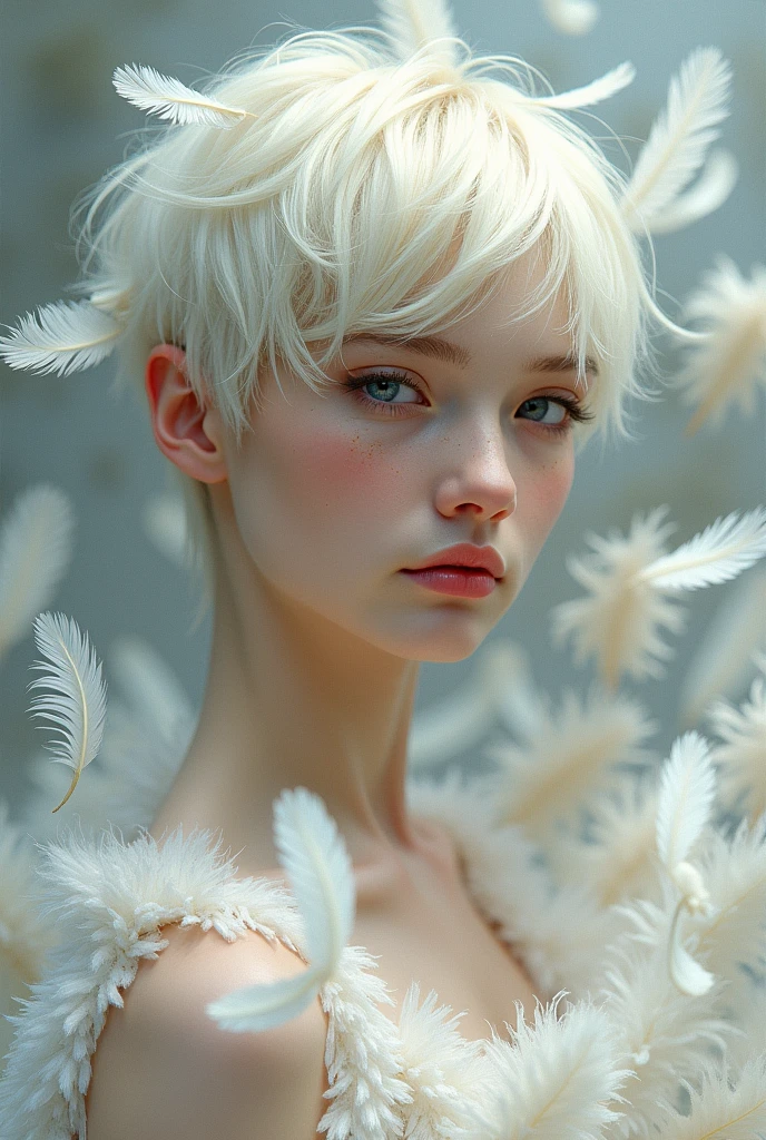 painting of a woman with a white short haircut, feathers in her hair, against a background of flying fluff and feathers, winner of the cgsociety competition, fantasy art, watercolor, beautiful portrait of a blonde girl in feathers dreamy background of fluff and feathers, sadness - sadness, beautiful art UHD 4K, artgerm and Lois van Baarle, hair with feathers, high detailing), works by Greg Rutkowski UHD, Tom Bagshaw style, Magali Villeneuve and Monet, intricate details, cute detailed watercolor