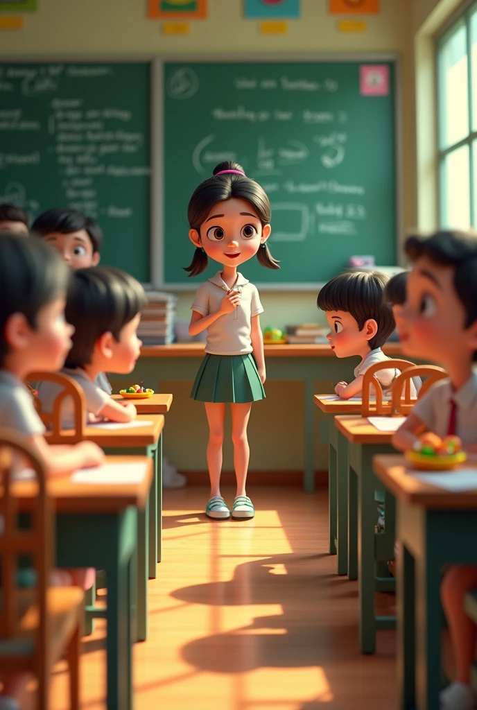 In cinematic 3d cartoon style' Classroom Scene: "A lively classroom filled with students, some laughing and whispering while a teacher is writing on the blackboard. The students are sneaking in conversations with grins on their faces, capturing the essence of playful school days. The classroom is vibrant, with wooden desks, books, and colorful posters on the walls. The teacher appears focused, unaware of the students' chatter, creating a nostalgic vibe of mischievous moments."

Lunch Break: "A group of friends sitting together in a school playground, sharing their tiffin boxes. They are enjoying a light-hearted moment, exchanging food with smiles and laughter. The playground is full of energy with kids running around, playing games, and soaking in the warmth of the afternoon sun. The scene is bright, with a mix of greens and yellows, symbolizing the carefree joy of lunchtime