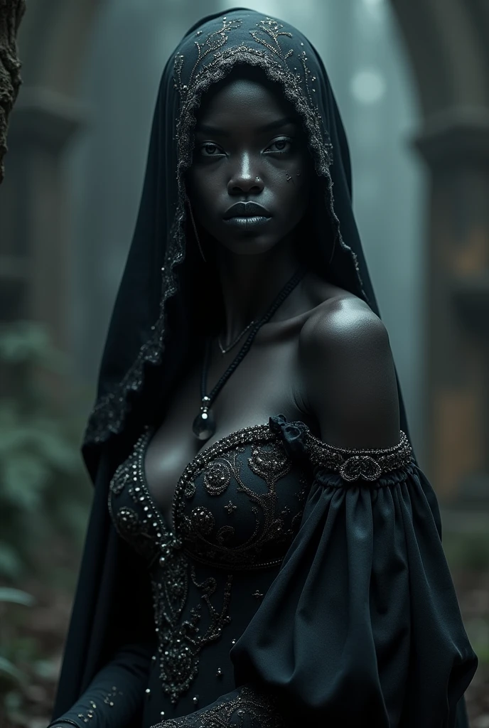 Dark skinned Drow with beautiful dress and seductive gaze