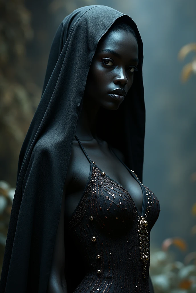 Dark skinned Drow with beautiful dress and seductive gaze