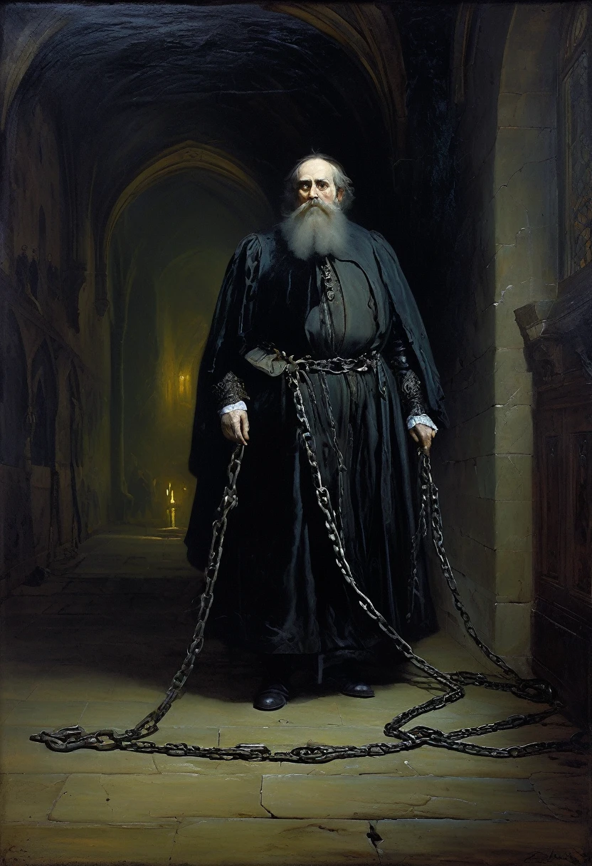 A fluorescent, disembodied Canterville ghost of a dead, decrepit duke with chains on his wrists in a dark hall of the castle(Adolf Piot style)), The dark Renaissance, (fog, very scuffing), ((palette/oil painting palette knife)), ((masterpiece)), single shot, impression:1.2, extreme detail, perspective:1.33, 8k
