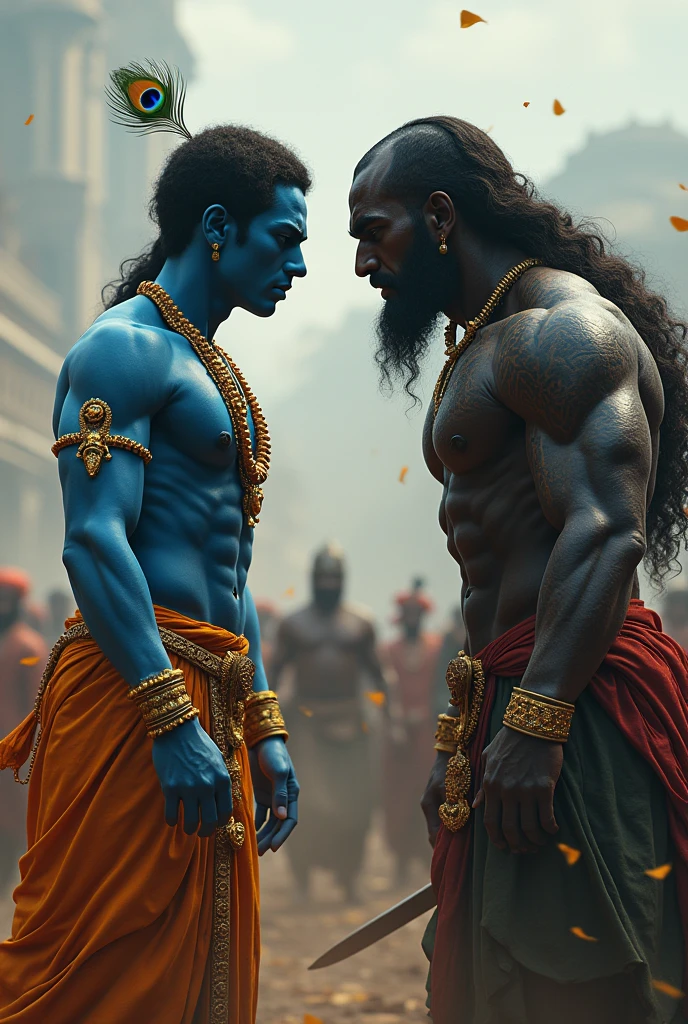 3d muscular small krishna with skin blue colour wearing gold ornaments peakock one feather on head
fights with 3d heighted dark horse man highly graphic war scene depicting them in front of each other