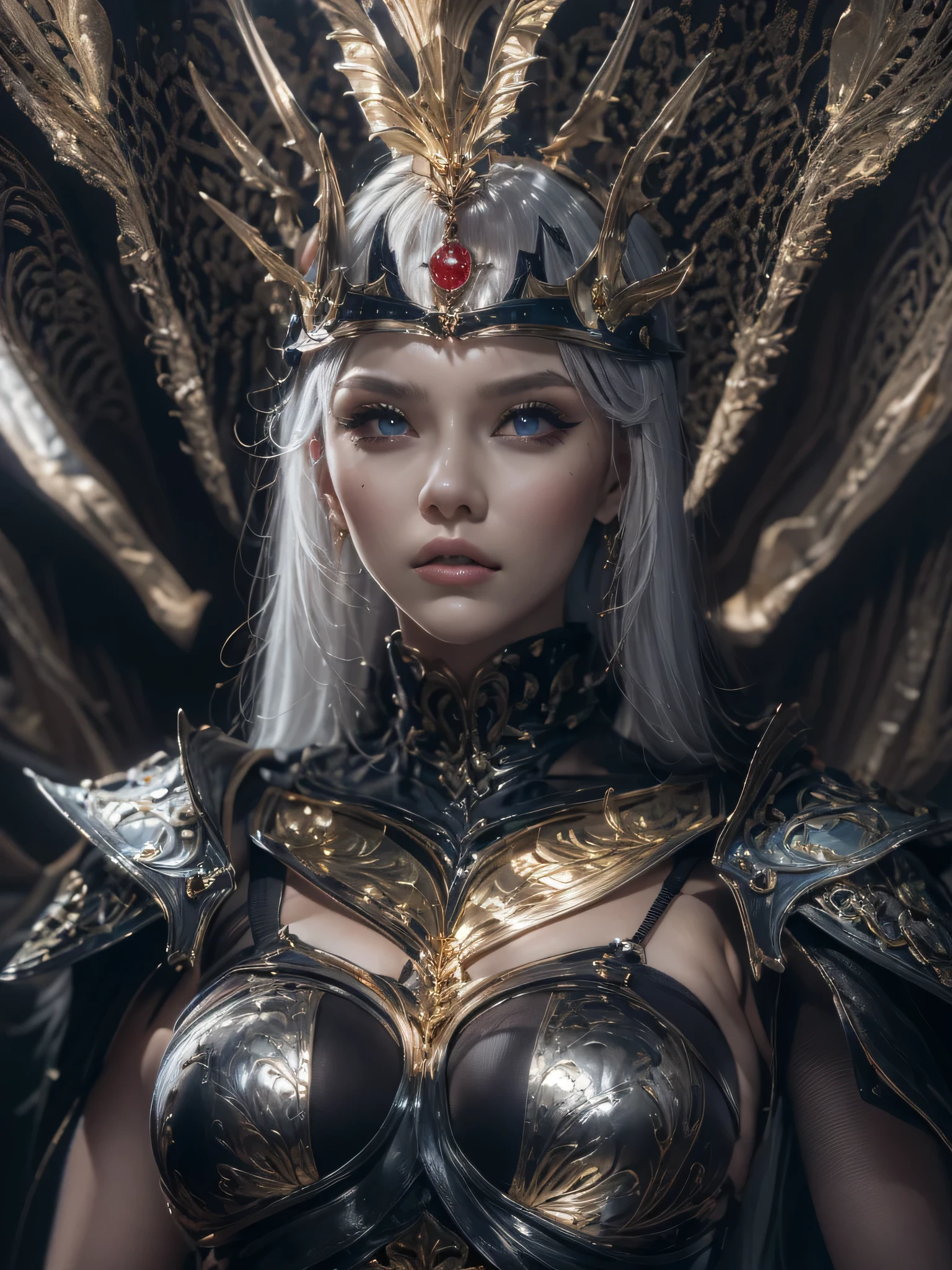masterpiece, Raw photo,photorealism,High resolution,highest quality,High resolution, perfect composition, perfect face, perfect body, 16k,cinematic lighting,
Fantasy warrior queen, silver hair,hip,latex,black,attractive,Castle Background、costume showing collarbone、close up of face、gold and black metal, badass, sexy, teasing the viewer,
high contrast, high saturation