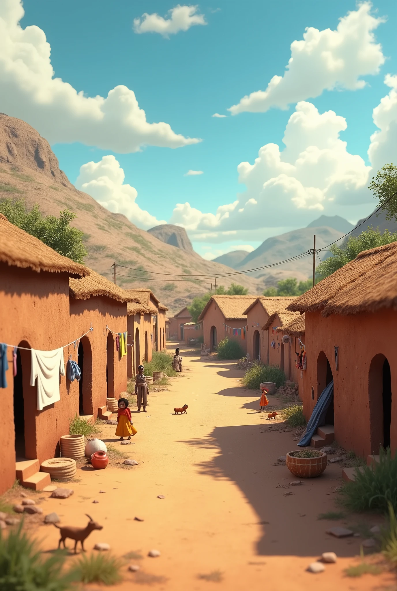 In 3d animation style"A scene of a small, poor village with simple mud houses"
