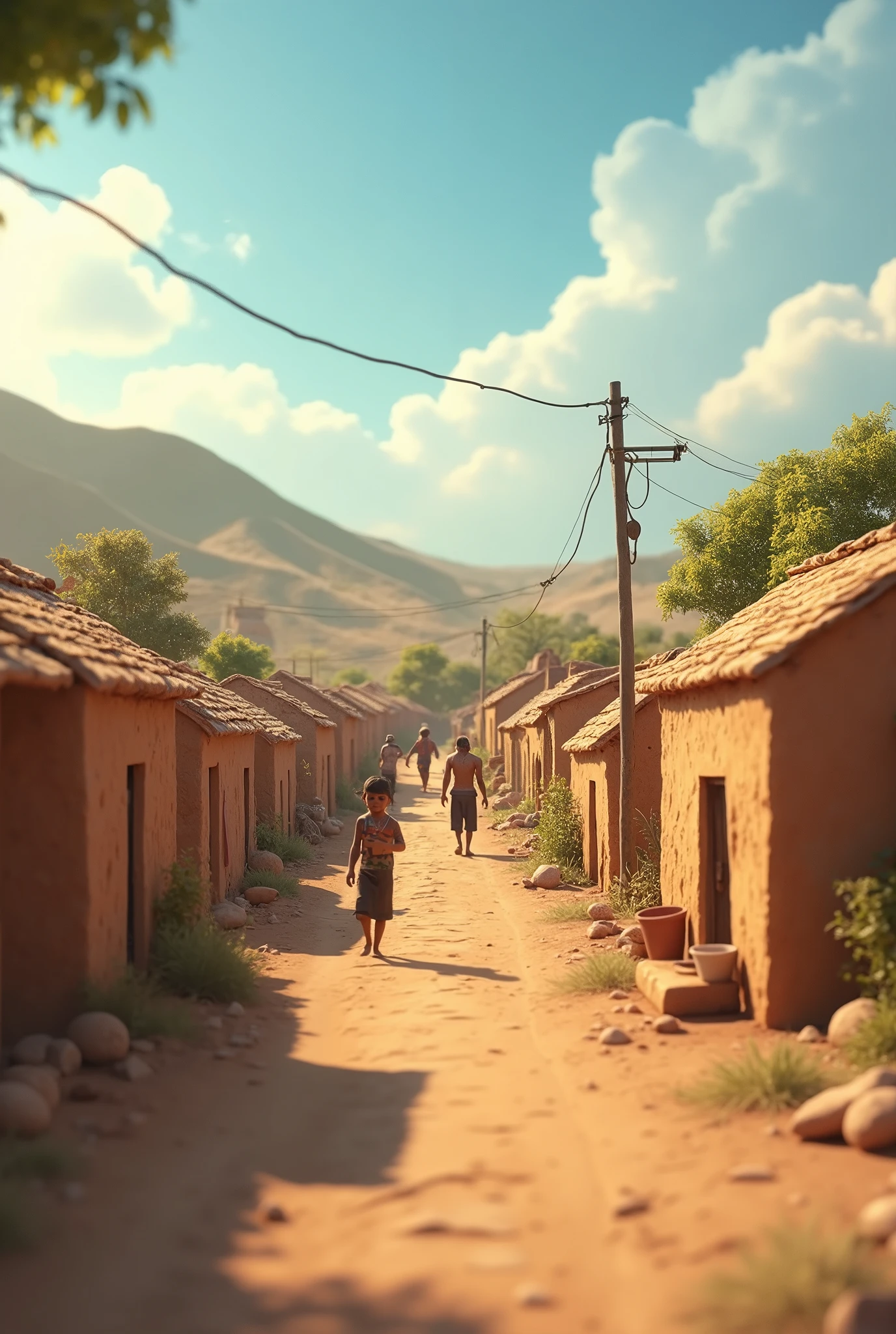 In 3d animation style"A scene of a small, poor village with simple mud houses"