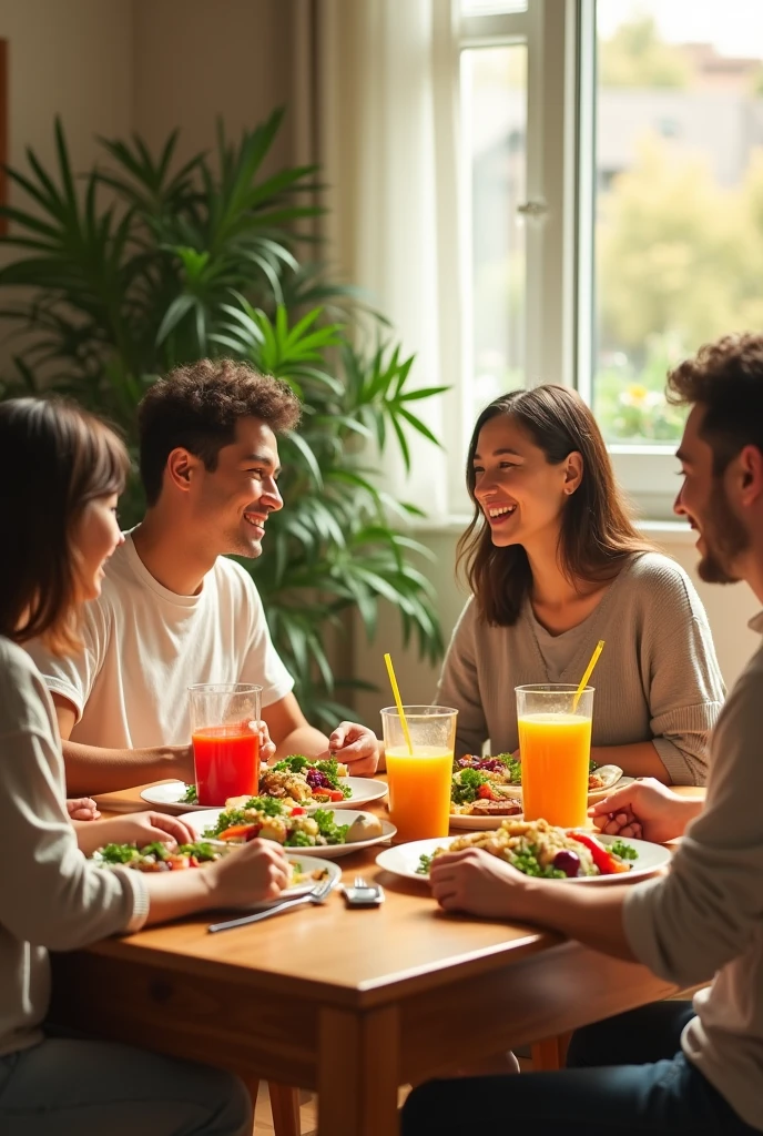 family lunch with light and varied food and fruit juices, wood desk, plants in the background, Inside the house, PICTURE REALISTIC










