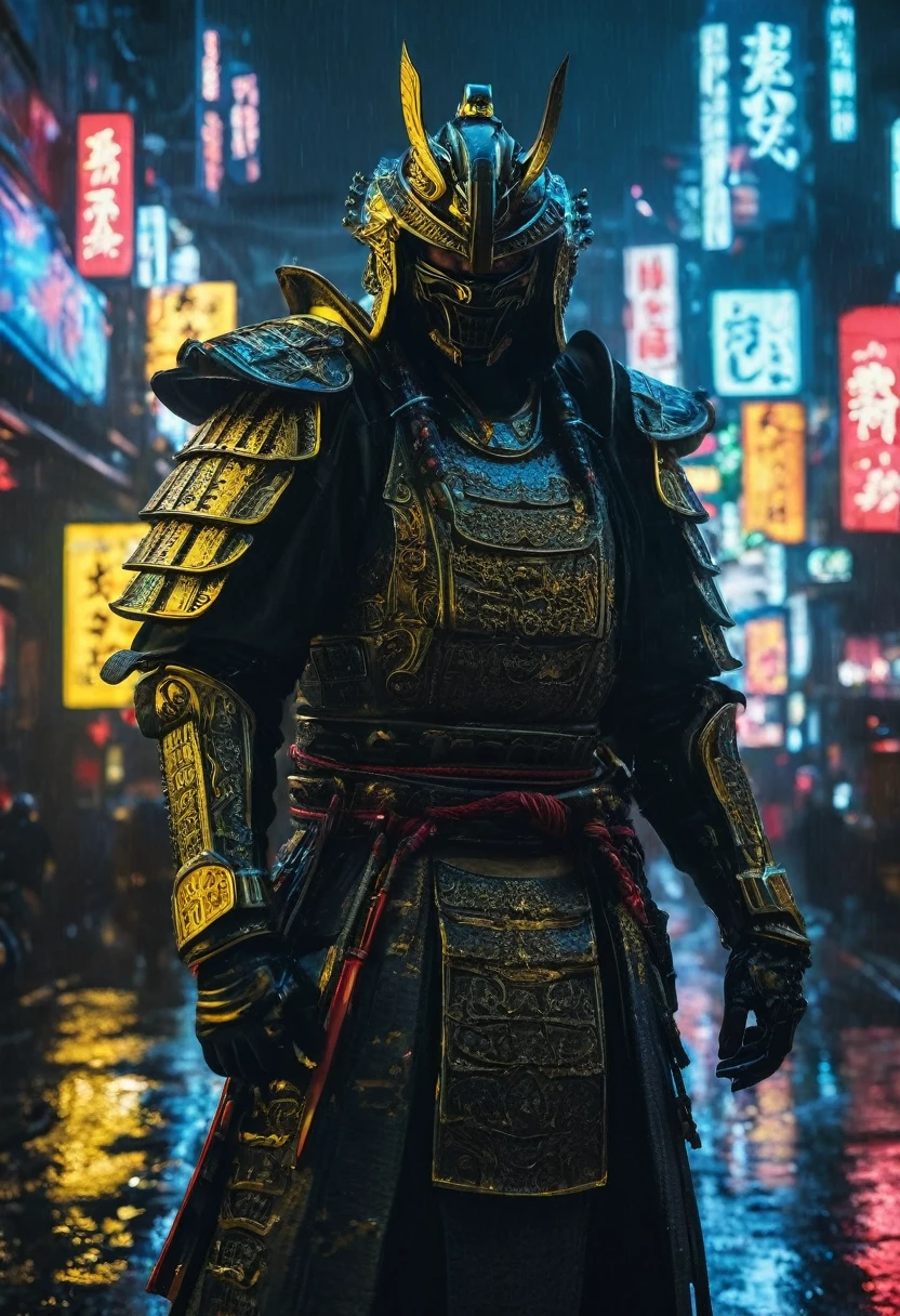glamour shot of samurai, the Cyberpunk samurai, surrounded by city neon lighting, realistic, realistic, morbide, dark, very detailed, rendered in octane, wet, dense atmospheric, epic, dramatic, empty, creepy, trail cam footage, photorealistic, hyperornate details, photographed by Irakli Nadar and Reylia Slaby, bokeh, particuls, ultra detail, sf, intricate artwork masterpiece, ominous, matte painting movie poster, golden ratio, trending on cgsociety, intricate, epic, trending on artstation, by artgerm, h. r. giger and beksinski, highly detailed, vibrant, production cinematic character render, ultra high quality model