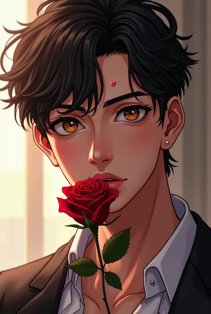 Cute, attractive anime Indian boy with a rose in his mouth, very attractive with a very masculine and manly jaw and his name is Brayan with a heart tattoo