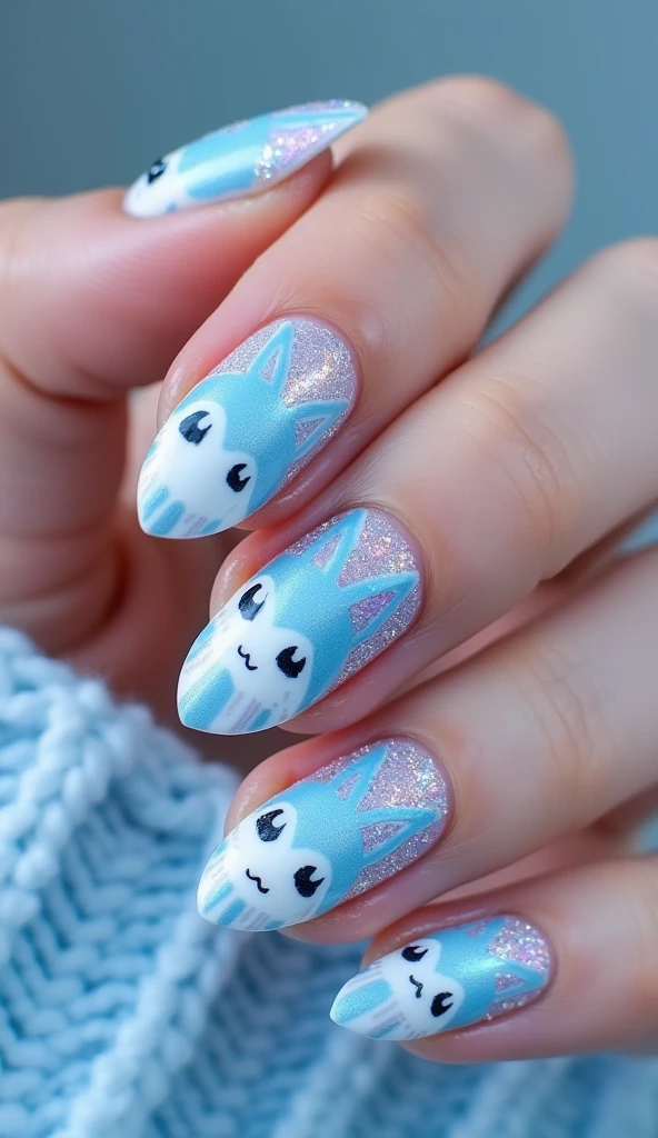 Make multiple desings of nail art bases on glaceon from pokemon on both hands about glaceon of pokemon