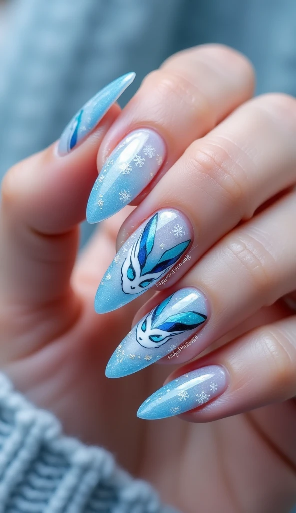 Make multiple desings of nail art bases on glaceon from pokemon on both hands about glaceon of pokemon